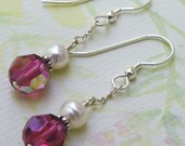 Ruby Crystal and Pearl Earrings, Sterling Silver, Swarovski, Dangle, Wedding, Bridal Party, Handmade Jewelry