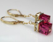 Ruby Crystal Earrings, Gold, Dangle, Swarovski, Petite Cube, Wedding, Handmade Jewelry, July Birthday, Teen Girl Jewelry