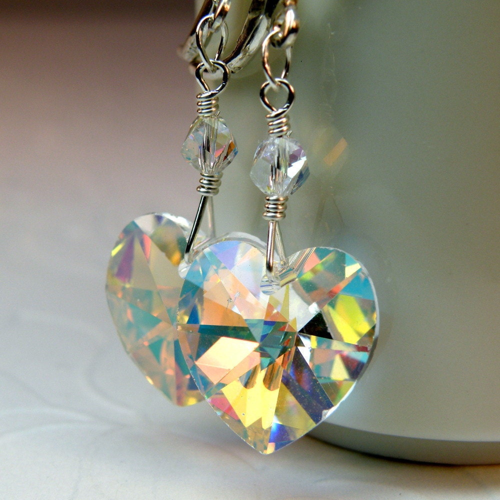 Crystal Heart Earrings, Sterling Silver, Dangle, Handmade Jewelry, Valentine