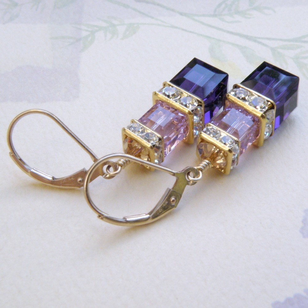 Purple Crystal Earrings, Gold, Eggplant, Violet, Dangle, Bridesmaid, Wedding, Handmade Jewelry, Winter Accessories for Her