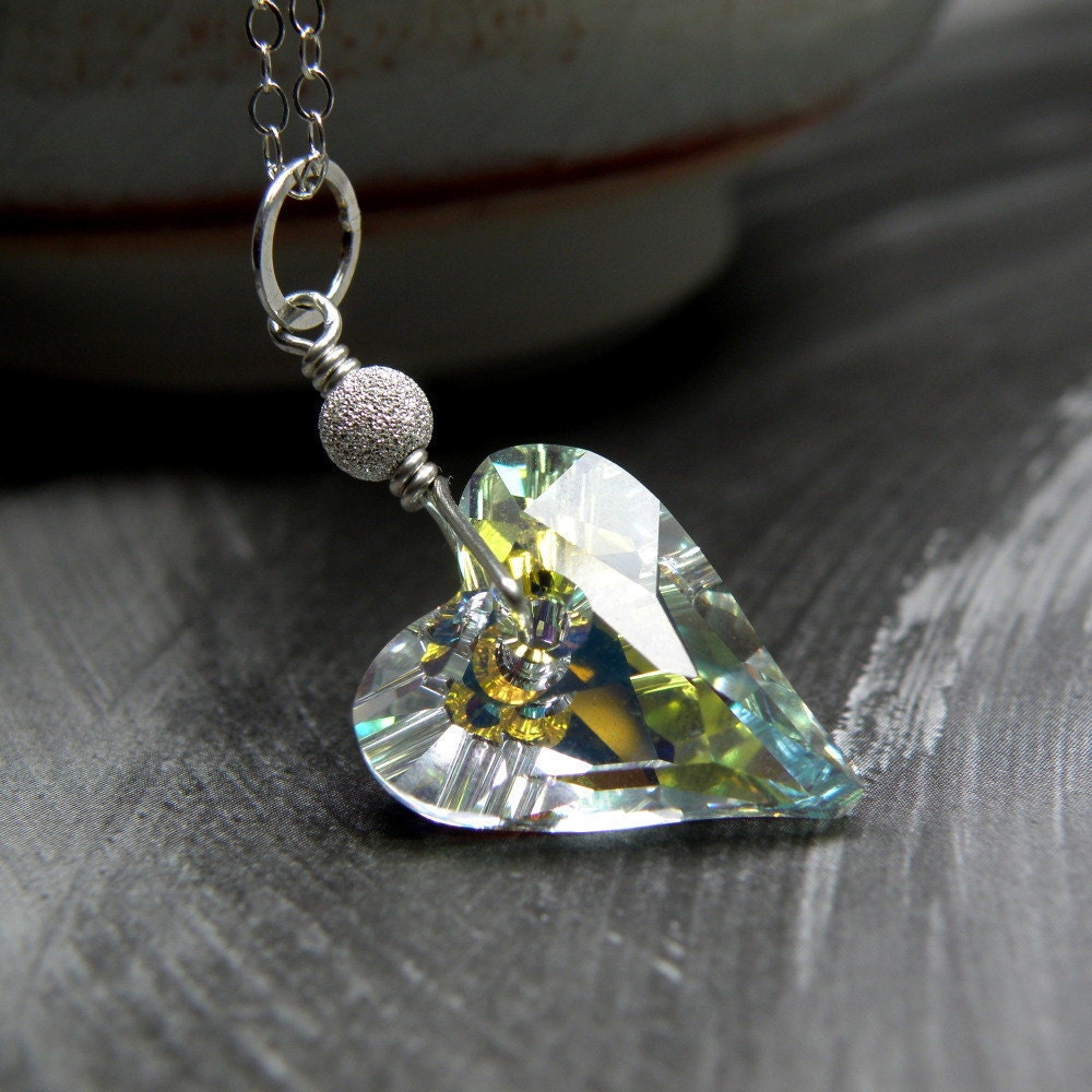 Crystal Heart Necklace, Sterling Silver, Swarovski Elements, Handmade Jewelry, April Birthday, Valentine