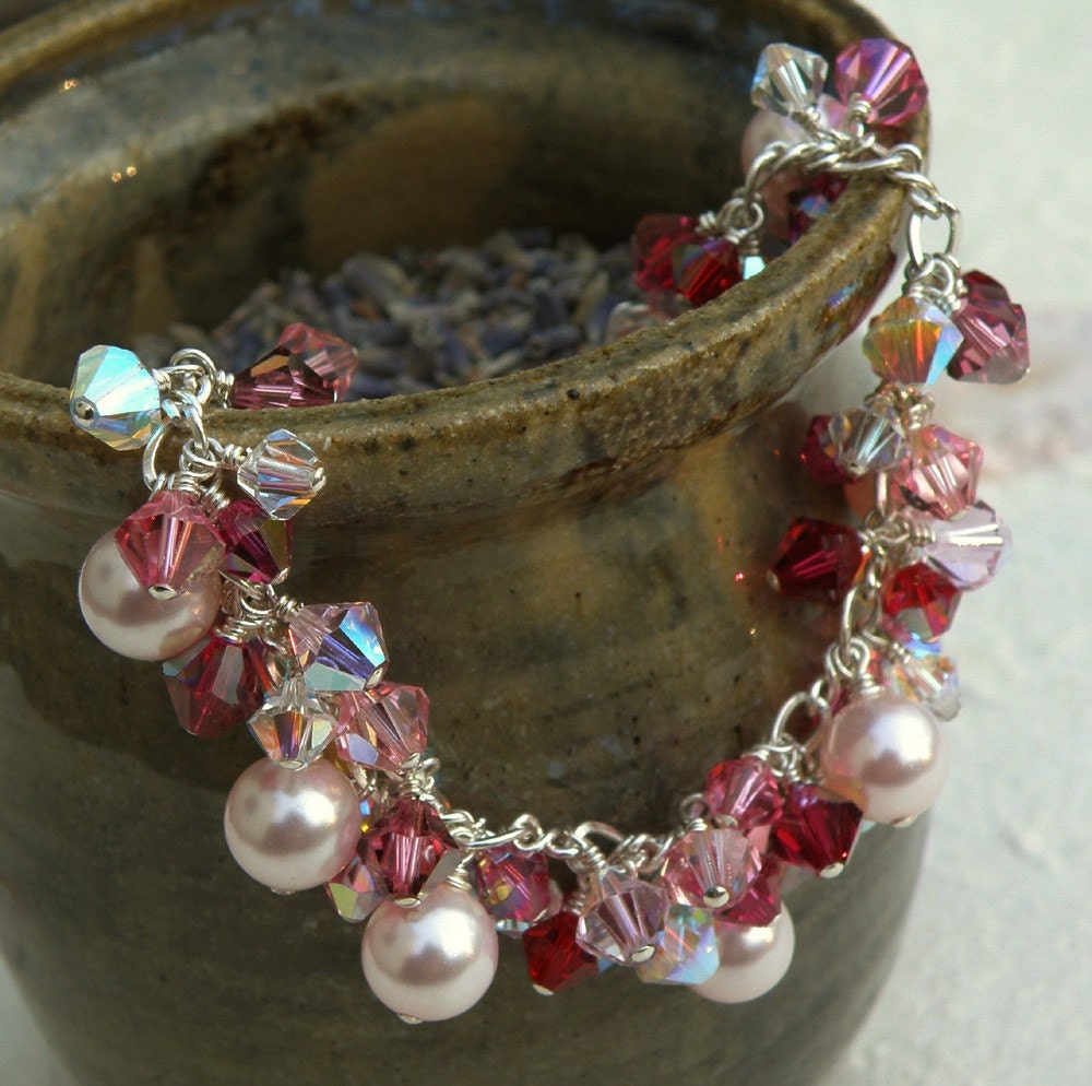 Pink Pearl Bracelet, Swarovski, Ruby and Rose Crystal, Sterling Silver, Wedding, Handmade Valentine Jewelry