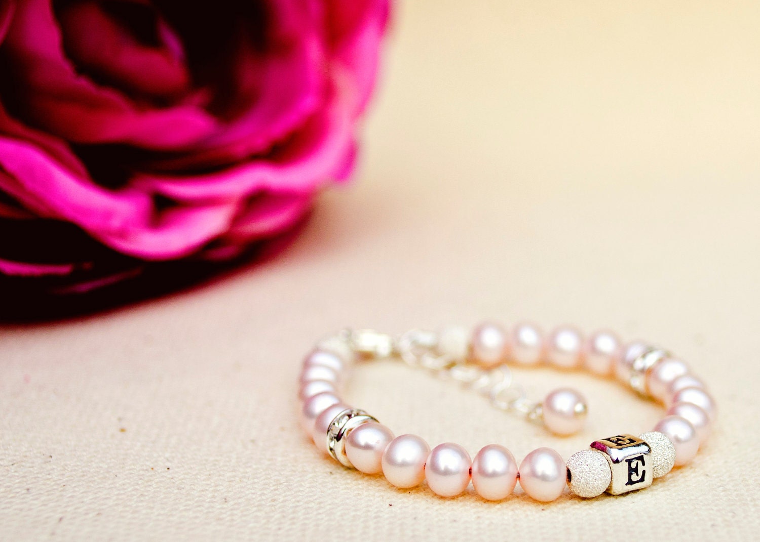 Eliza ... pale pink freshwater pearl baby newborn girl toddler initial monogram bracelet