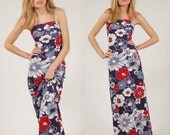 Vintage 70s Maxi Dress Red White & Blue July 4th TROPICAL Floral  Small