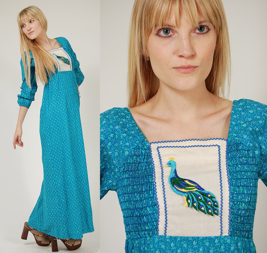 Vintage 70s Maxi Dress TURQUOISE Prairie Pretty PEACOCK
