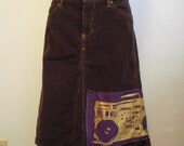 20% Off Brown Corduroy Skirt with Gold Bling and Purple Boombox Patch Unique Handmade Upcycled OOAK Eco Friendly Patched