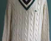 Vintage 80s Lacoste Tennis Sweater Cable Knit Stripes Large