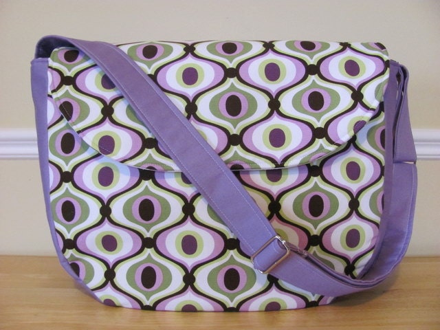 CLEARANCE SALE -Maggie Messenger Diaper Bag Purse Tote in Michael Miller Groovy Orchid with change pad