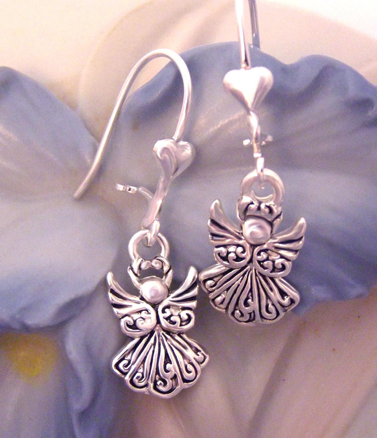 Handmade Tiny Christian Baptism Confirmation Angel Earrings-Silver, Hearts