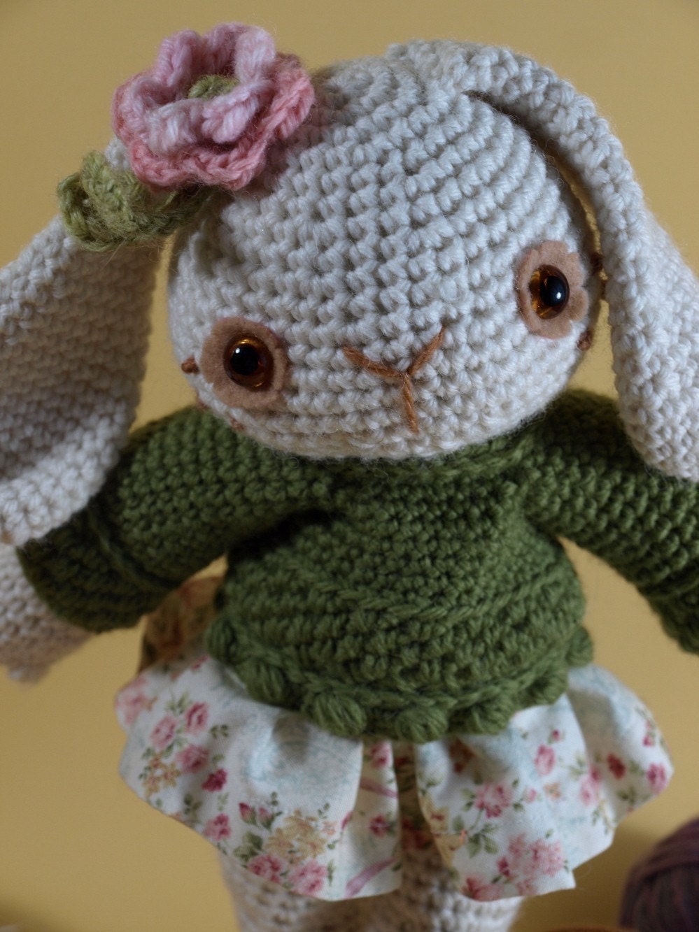 Bronwen in her crocheted pullover- crochet pattern