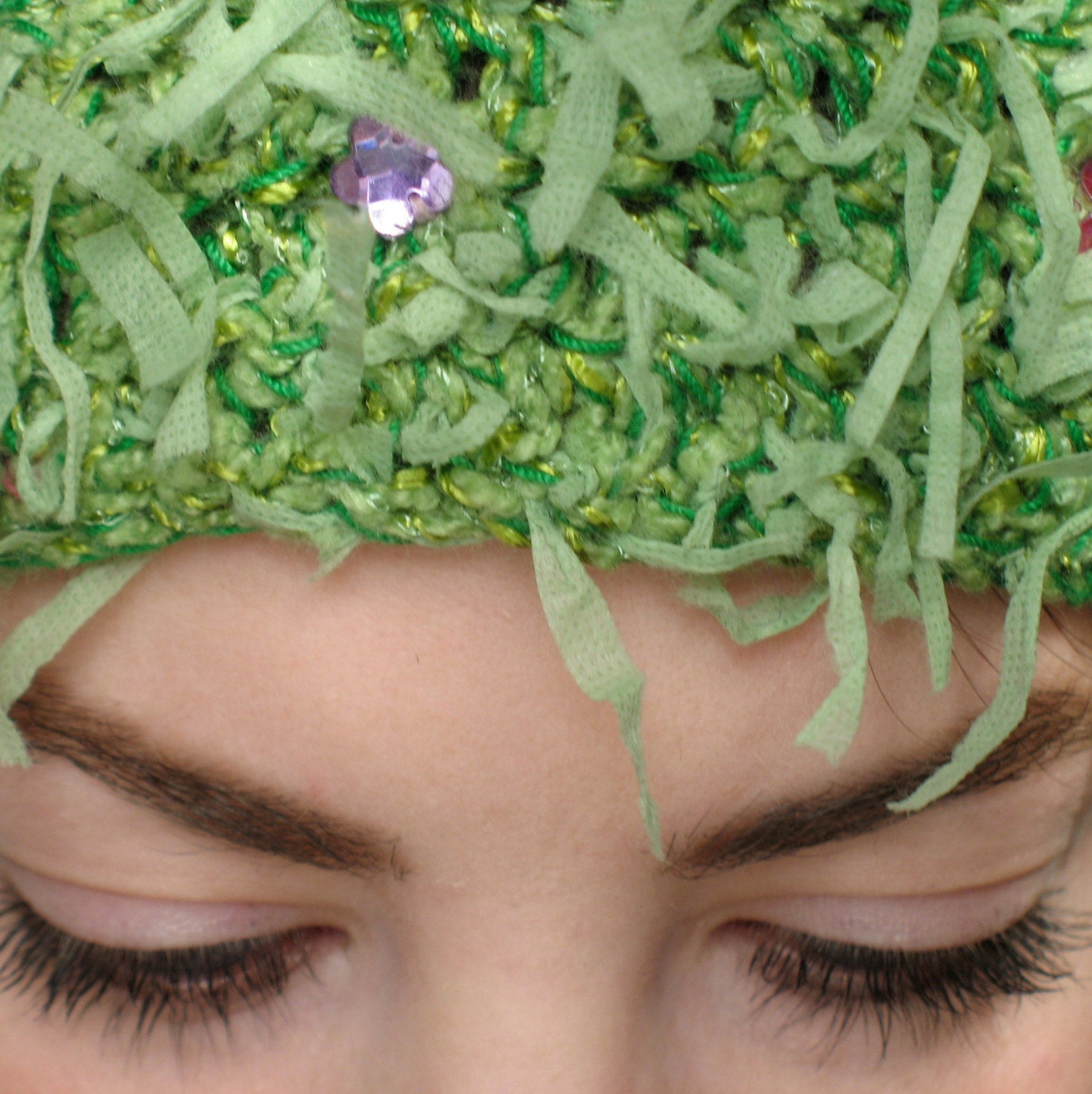 Fields of Spring Flowers -  Fuzzy Green Hat and Neck Warmer Easter Set with Crystal Flowers