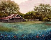 SALE 20 percent off Matted print of barn with bluebonnets watercolor