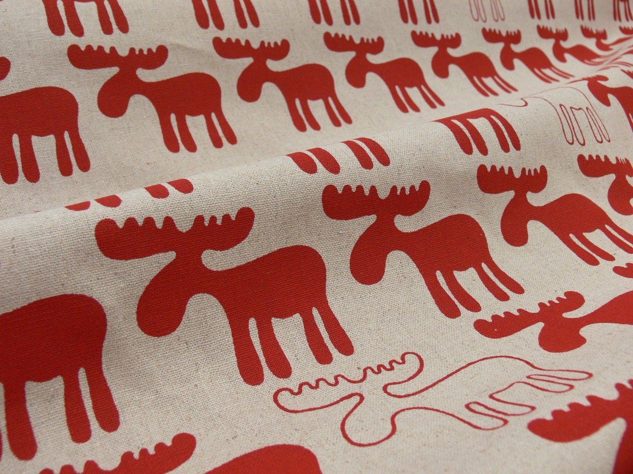 Moose Handprinted Fabric - Dessert Red