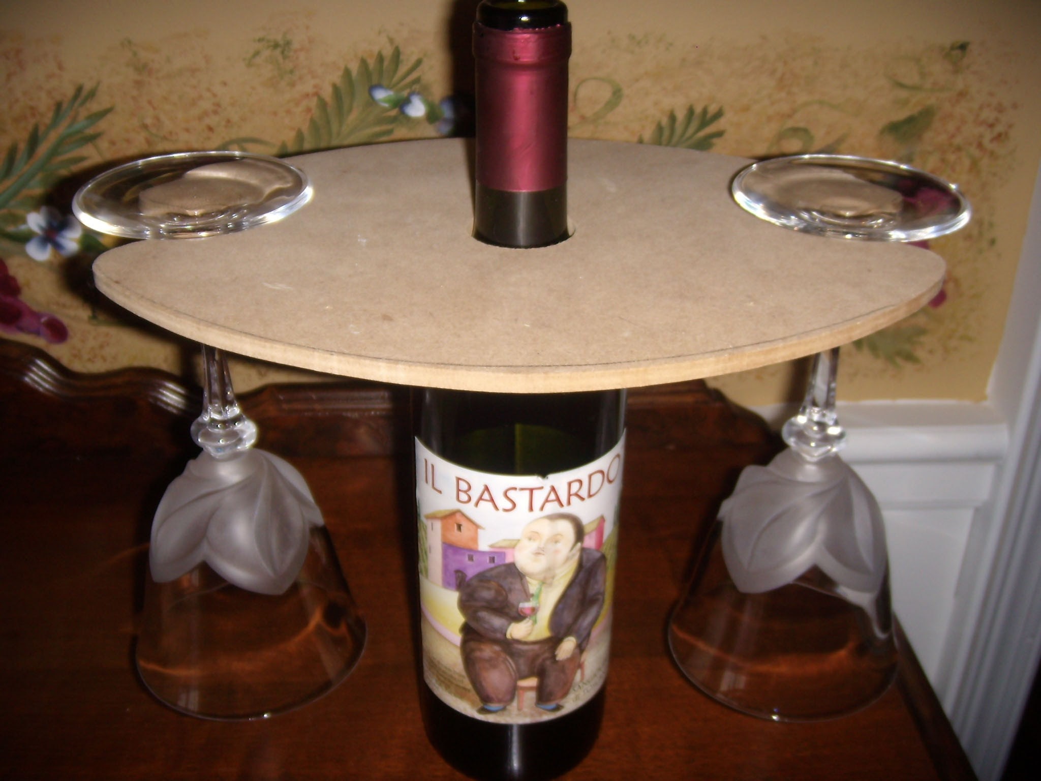 Wood (Over the Wine Bottle) Tray/Rack Holder for 2 Glasses-Ready to Paint