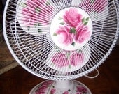 Custom Painted & Designed 12" Table Fan Shabby Roses  3 Speed Portable Cottage Chic