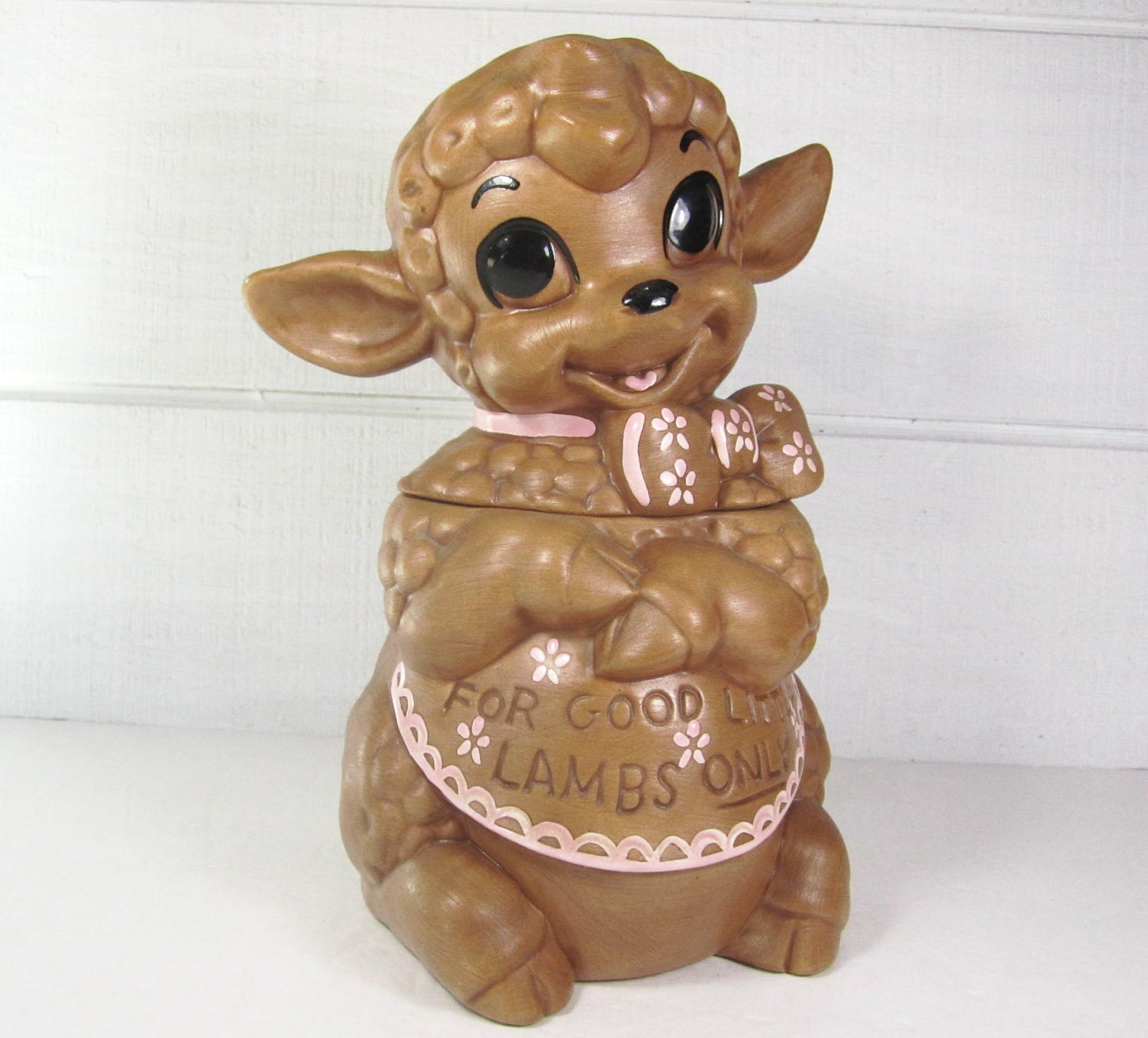 Vintage Cookie Jar Lamb Pink Brown Ceramic Bow Kitchen Kitsch PeachyChicBoutique on Etsy