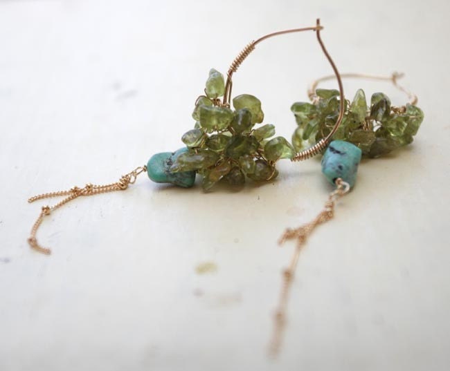 Peridot Earrings, Peridot August Birthstone, Peridot Gipsy Cluster Earrings, Green Jewelry, Wild Turquoise Earrings, Cluster Earrings