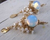 Bridal Wedding Earrings, Goddess Opalit Earrings, Crochet Pearl Gold Filled leaf