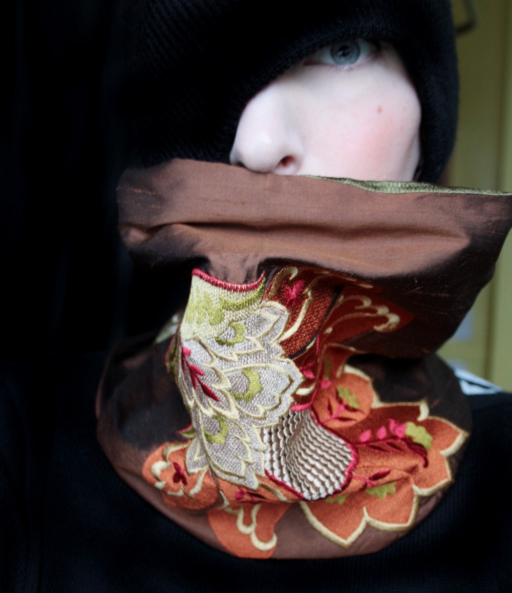 Brown Silk Embroidered Cowl Scarf