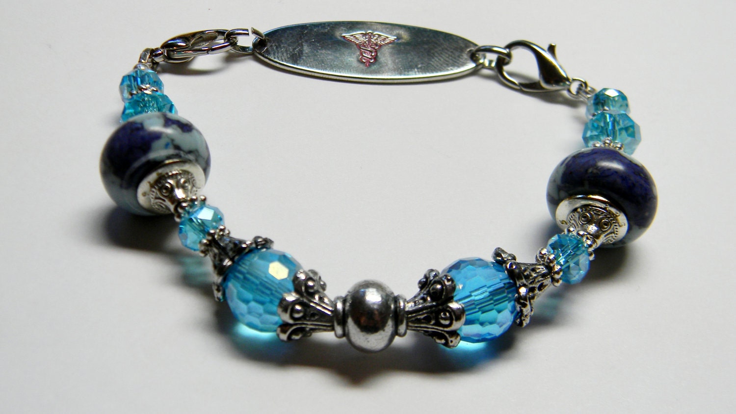 Sale - Beaded Medical ID Tag Alert Replacement Bracelet or Watch Face Bracelet 925 Silver Core AQUA DELIGHT