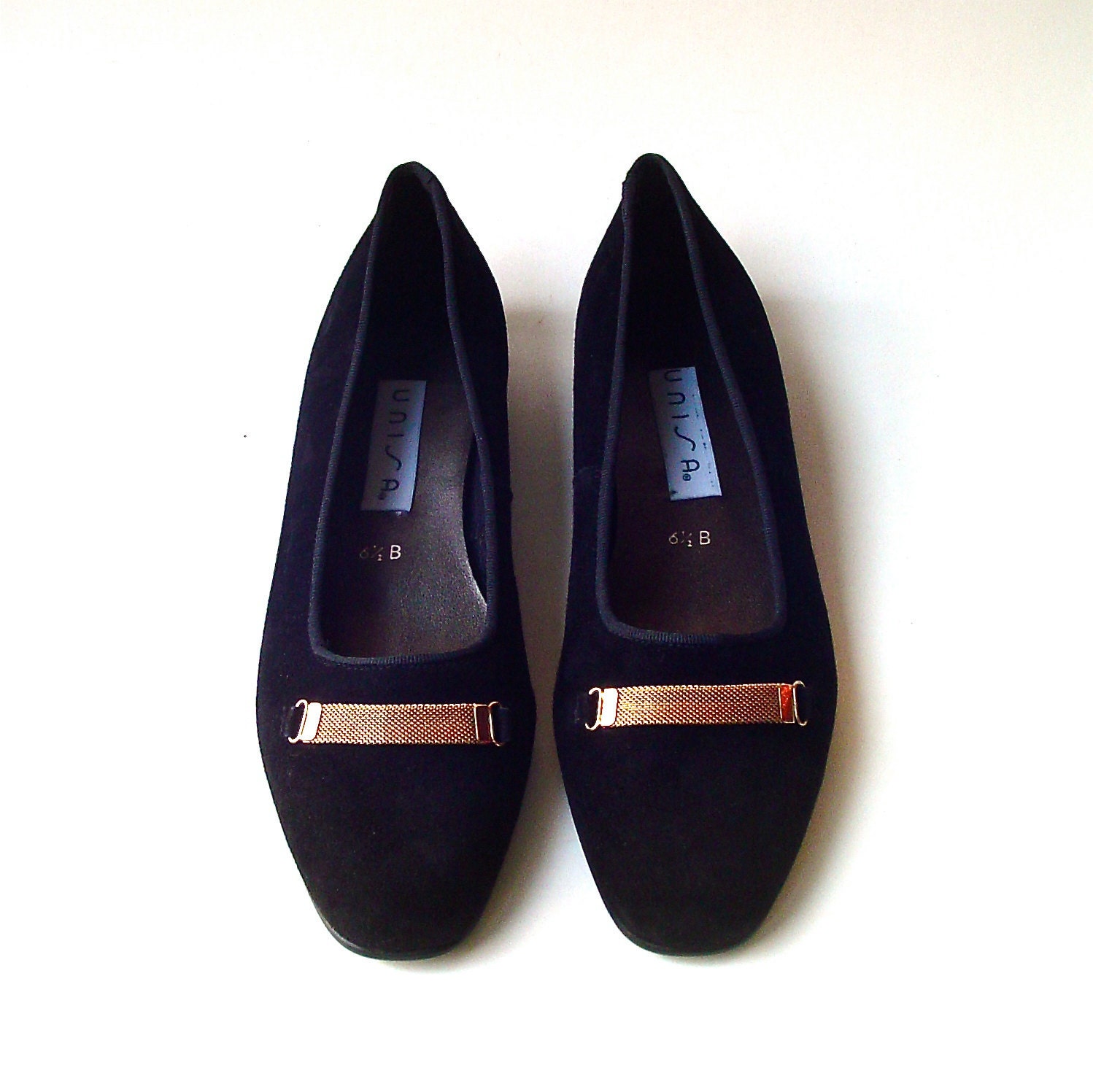 vintage Unisa Black Suede Ballet Flats with Gold Mesh Bands
