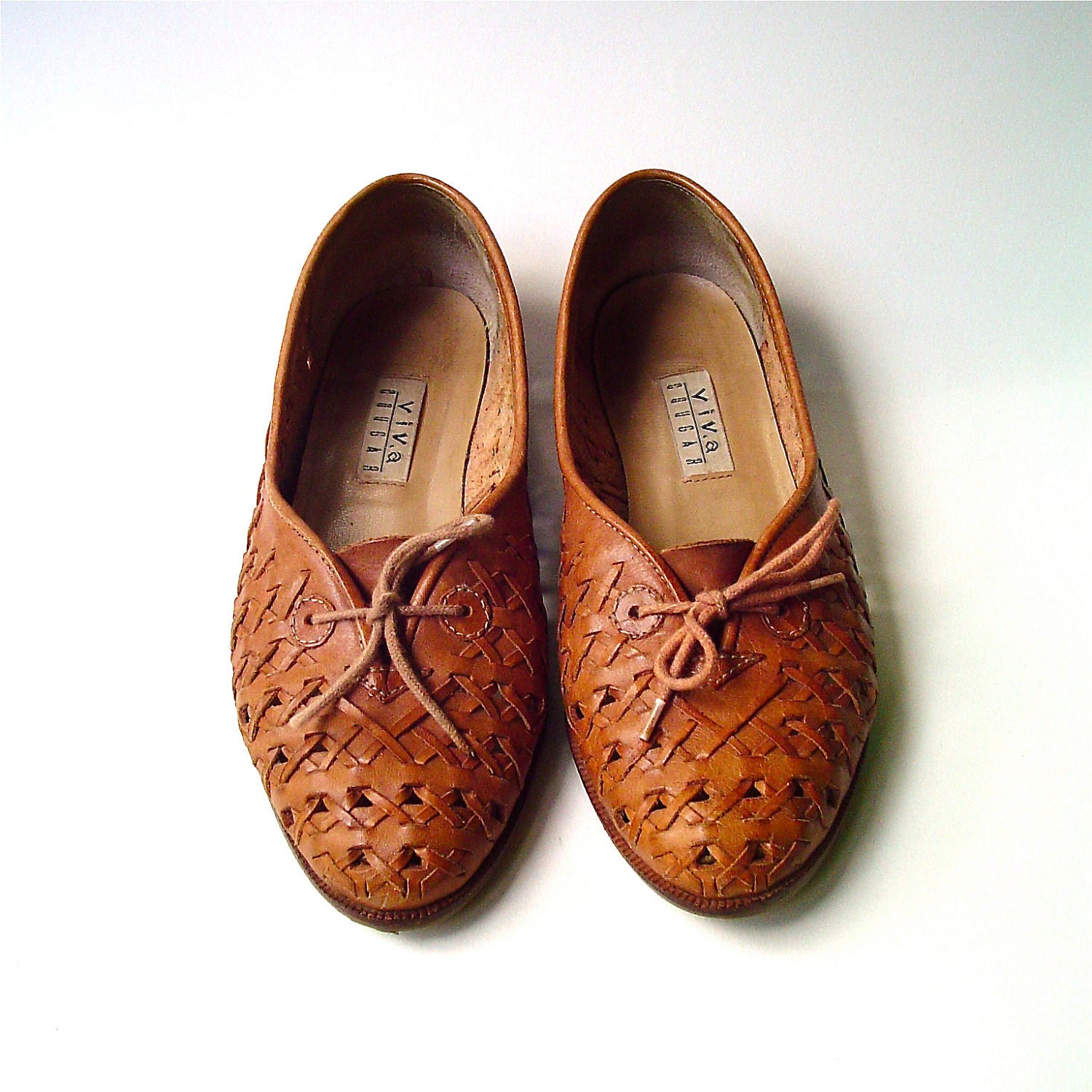 80s vintage Viva Cougar Caramel Brown Woven Leather Shoes
