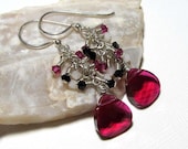 Sterling Silver Crystal Cluster Earrings with Fuchsia, Jet, and White Opal Swarovski Crystals
