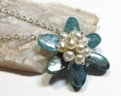 Sterling Silver Wire Wrapped Gemstone Flower Pendant Necklace with Aqua Blue Kyanite and Creamy White Freshwater Pearls