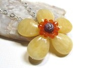 Sterling Silver Wire Wrapped Gemstone Flower Pendant Necklace with Butter Yellow Aragonite, Purple Sapphire, and Orange Carnelian