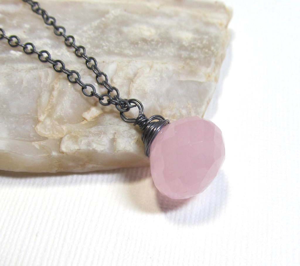 RESERVED for RL - Oxidized Sterling Silver Gemstone Pendant Necklace with Baby Pink Chalcedony