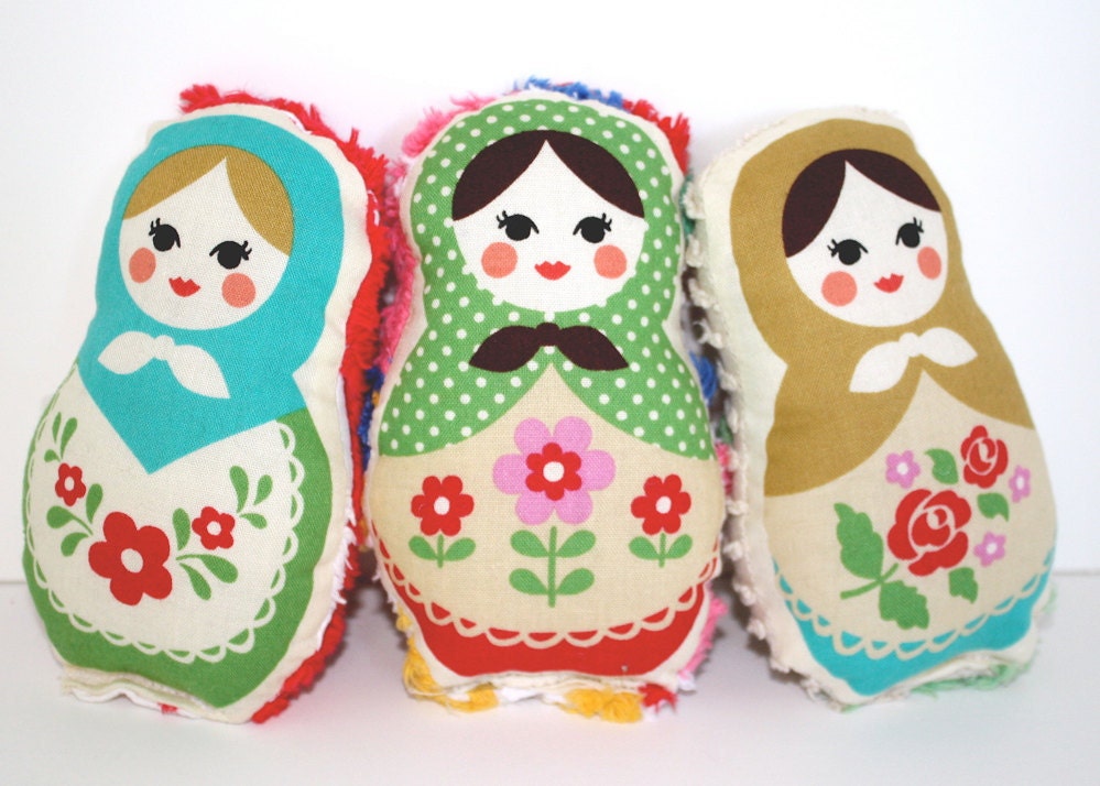 Set of Matryoshka Russian Nesting Rattle Dolls with Vintage Chenille