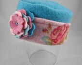 Spring Fever - Pillbox Style Hat from Upcycled Felted Lambswool - Aqua with Roses and Layered Flower Hair Clip with Sparkle
