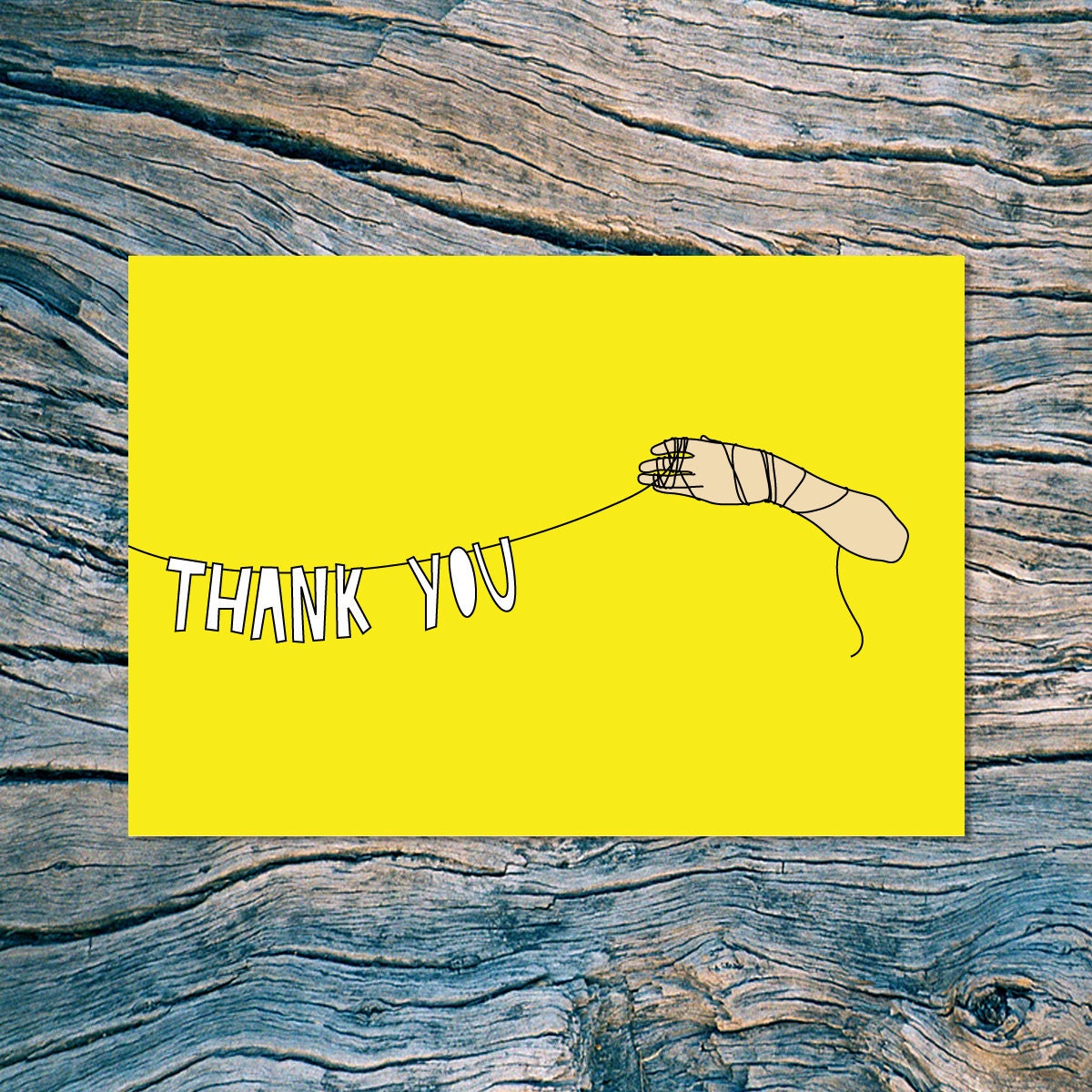 THANK YOU (strung up) folded note card with envelope (yellow)
