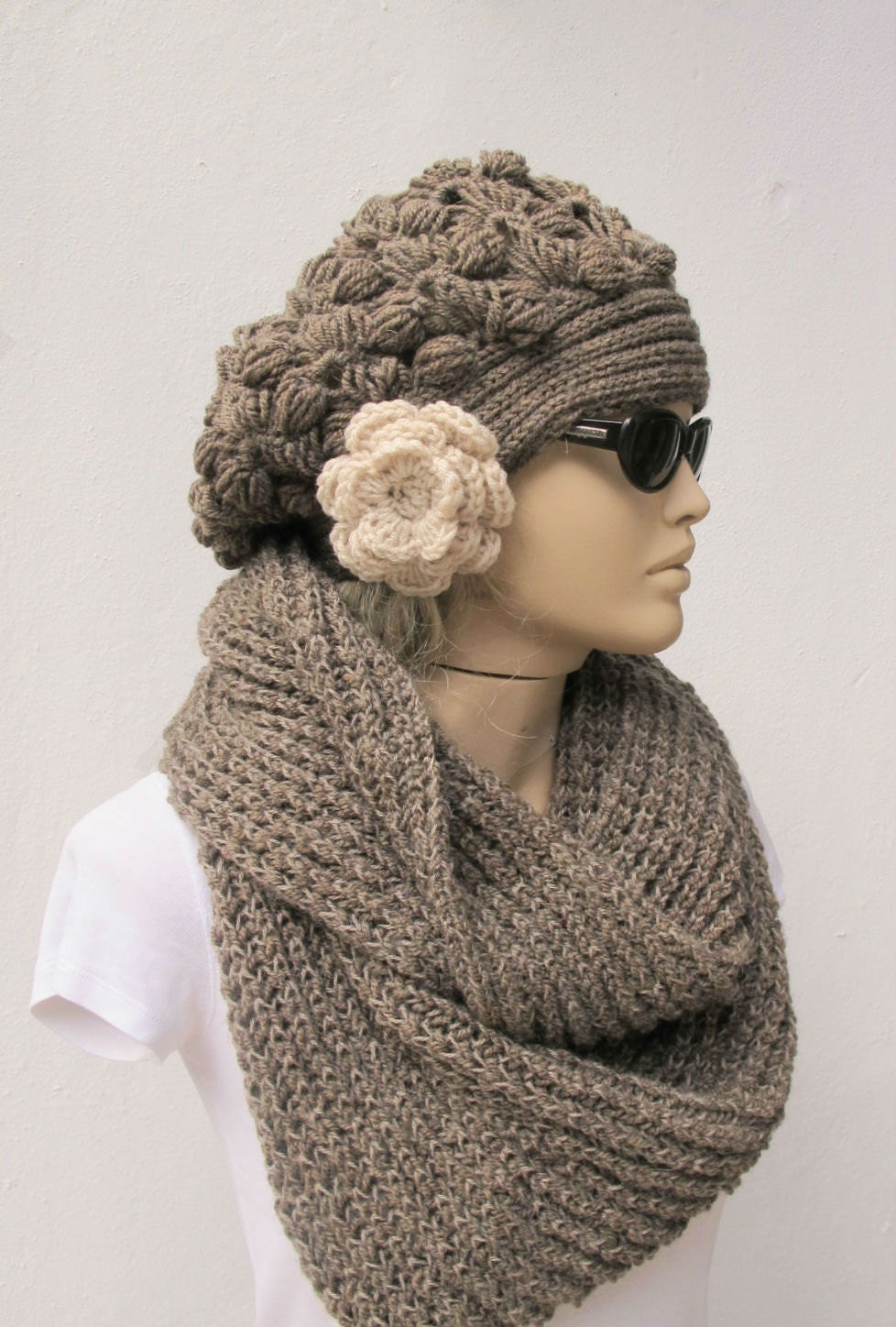 Hand  Knitted  Infinity Scarf Taupe Brown