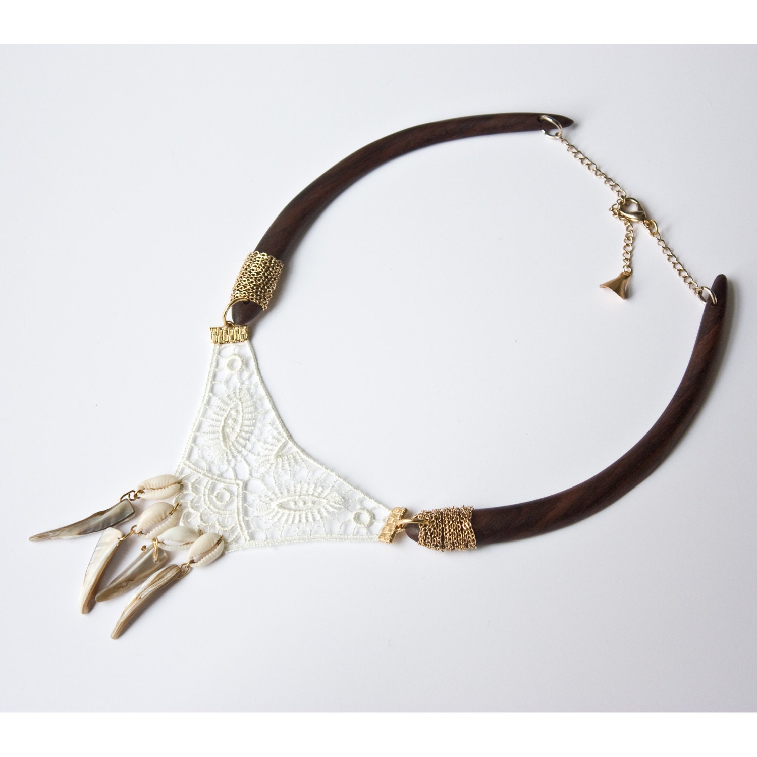 Dewi Nandi - lace, shell, exotic wood and chain necklace