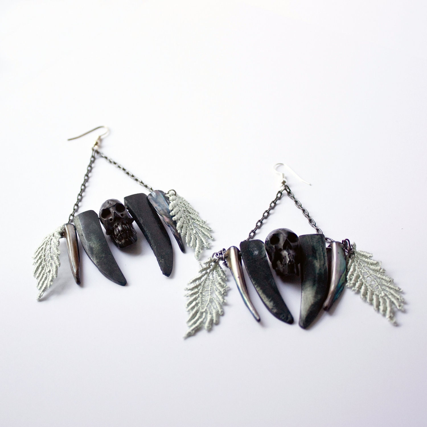 Calypso Savage - Lace, hand carved skull, bone and shell earrings