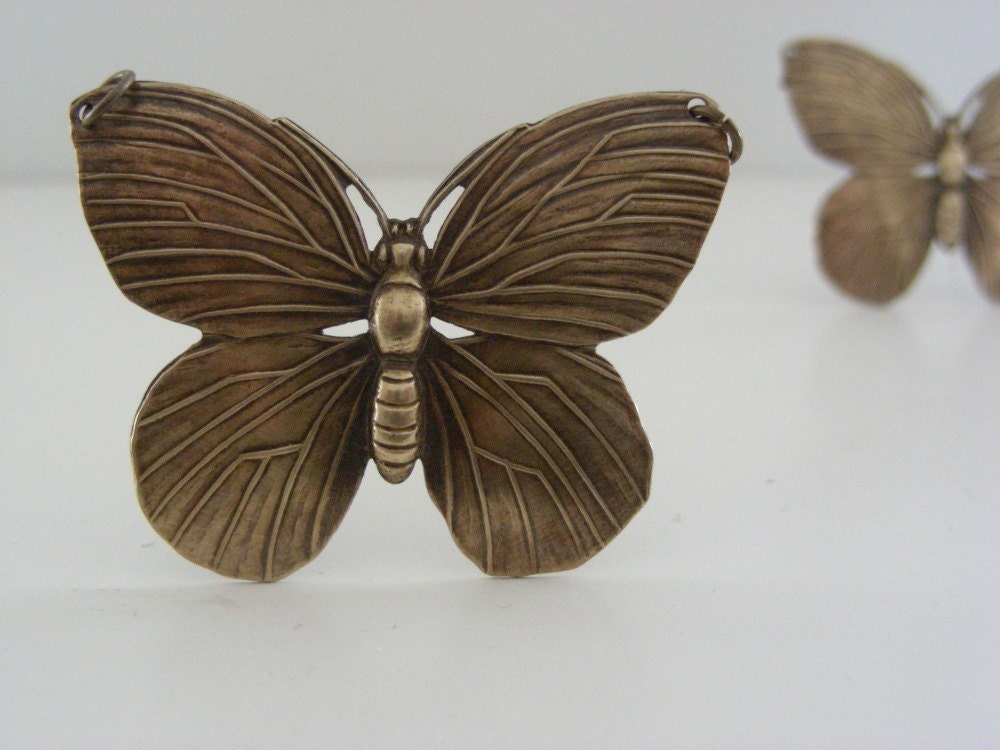 BUTTERFLY Vintage Brass Pendant Large for Necklace - 2 pcs