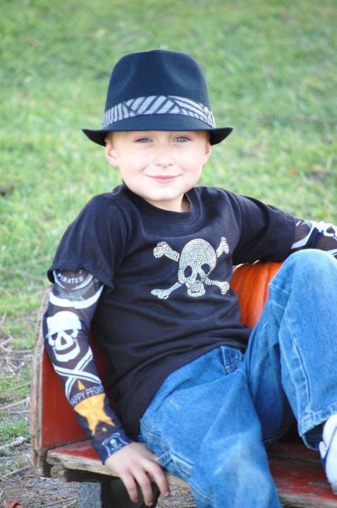 Boys Pirate tattoo sleeve tshirt with rhinestone pirate applique