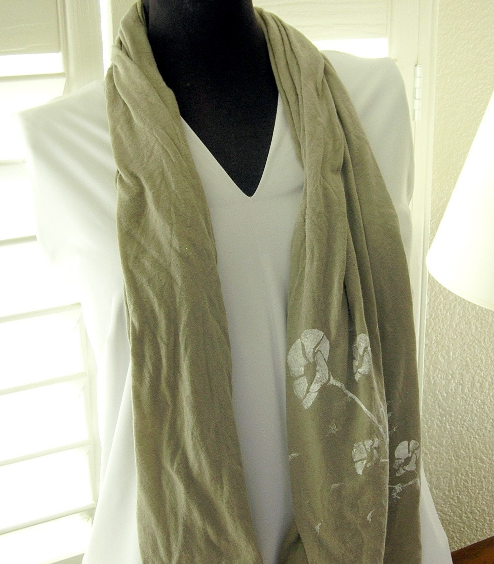 Handpainted Green Poppies Fabric Scarf