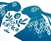 Blue Hares - Hand Pulled, Signed, Gocco Screen Print