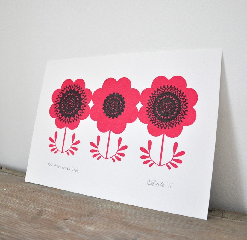 Red Anemones - Hand Pulled, Signed, Gocco Screen Print