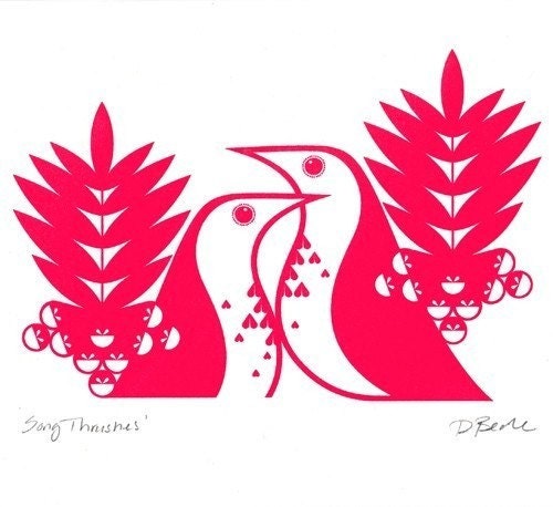 Song Thrushes in Scandinavian Red - Hand Pulled, Signed, Gocco Screen Print