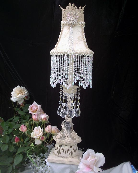 VICTORIAN Romantic Shabby Chic  Crystal Lamp and Shade Lace/Boudoir/Vanity