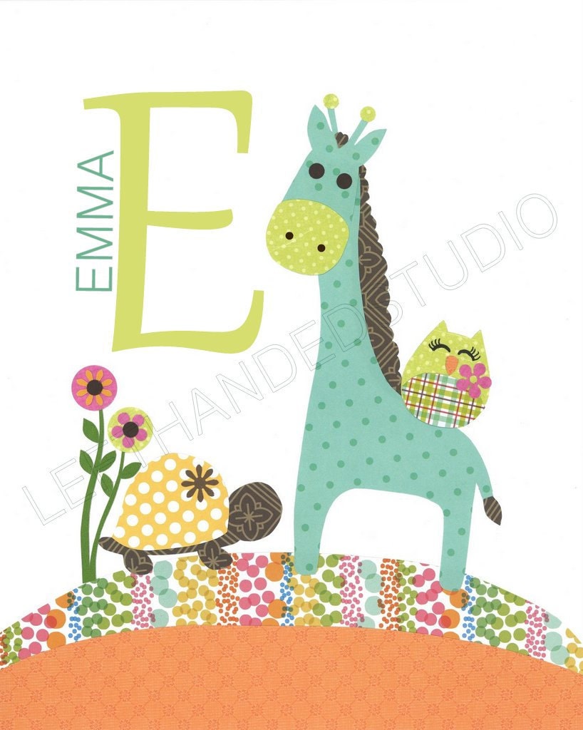 FREE SHIPPING- Giraffe & Turtle Art Print, NURSERY, Kids Room Decor,  Childs Art, 8x10 Print, Personalized