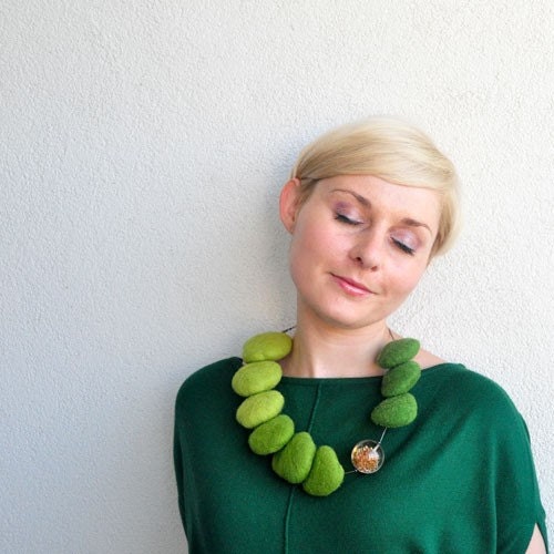 SLEEPING ON THE MOSS - felted necklace made of merino wool, resin and silver