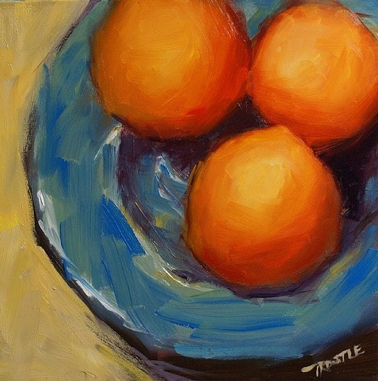 Art Painting Fruit Still Life Orange On Blue Plate Original Oil Painting by Patti Trostle