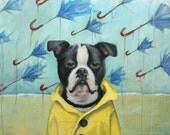 Black and White, Boxer, Boston Terrier Dog in Raincoat on Beach, Raining Umbrellas, Signed Small Print  by Painter, Clair Hartmann