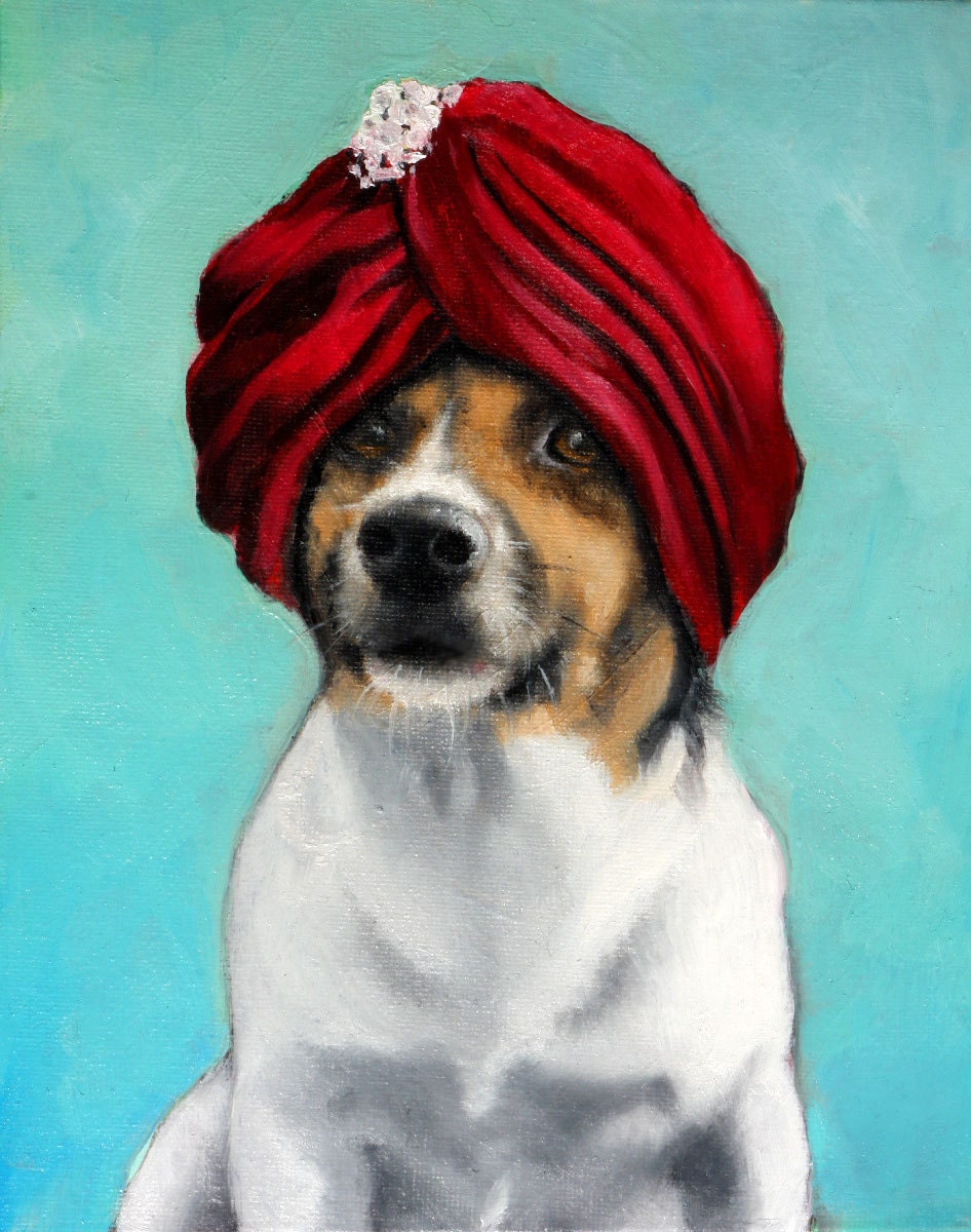 Cute, Regal Jack Russell Terrier in a Red Turban, Diamond Pin, Aqua, Blue Background - Signed Print by Painter, Clair Hartmann