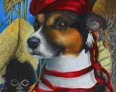 Frida Kahlo Inspired, Jack Russell Dog, Whimsical, Monkey, 24" x 36" Signed Print by Clair Hartmann