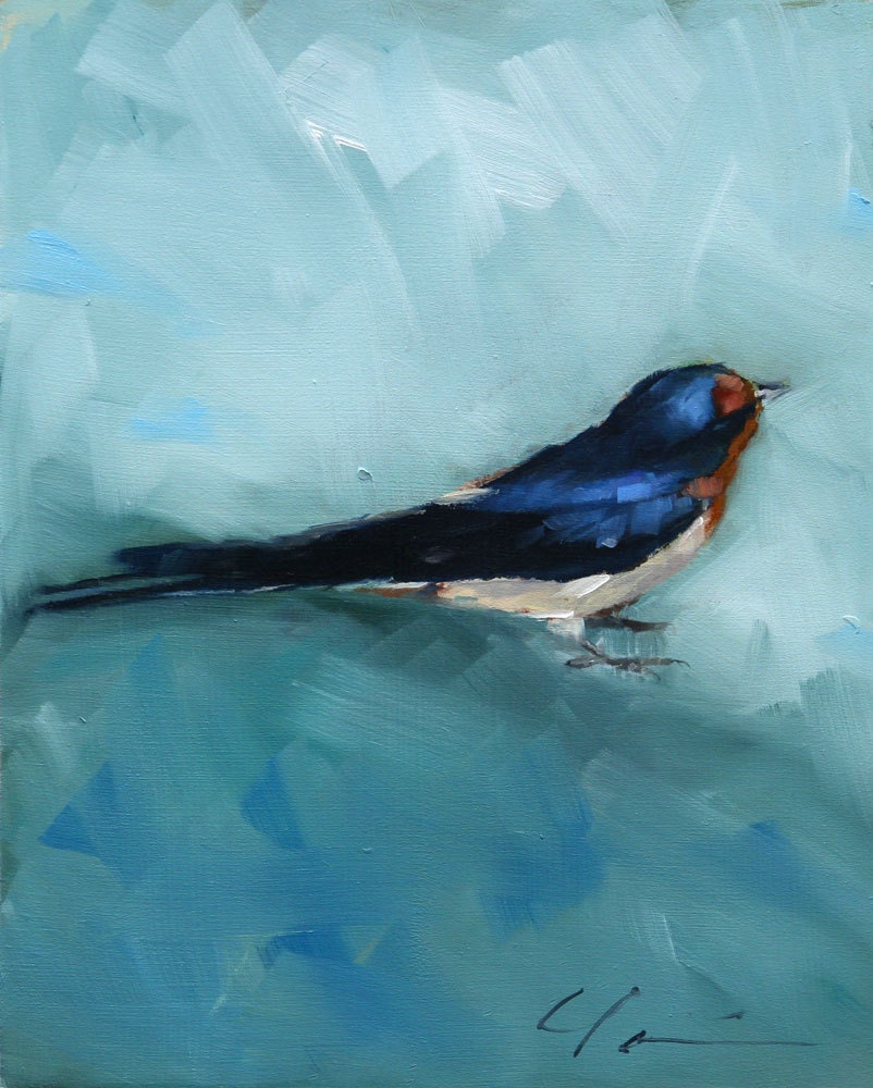 Painterly Barn Swallow, Blue, Black, Rust Orange, Sitting Bird on Blue Green - Original Painting by Clair Hartmann